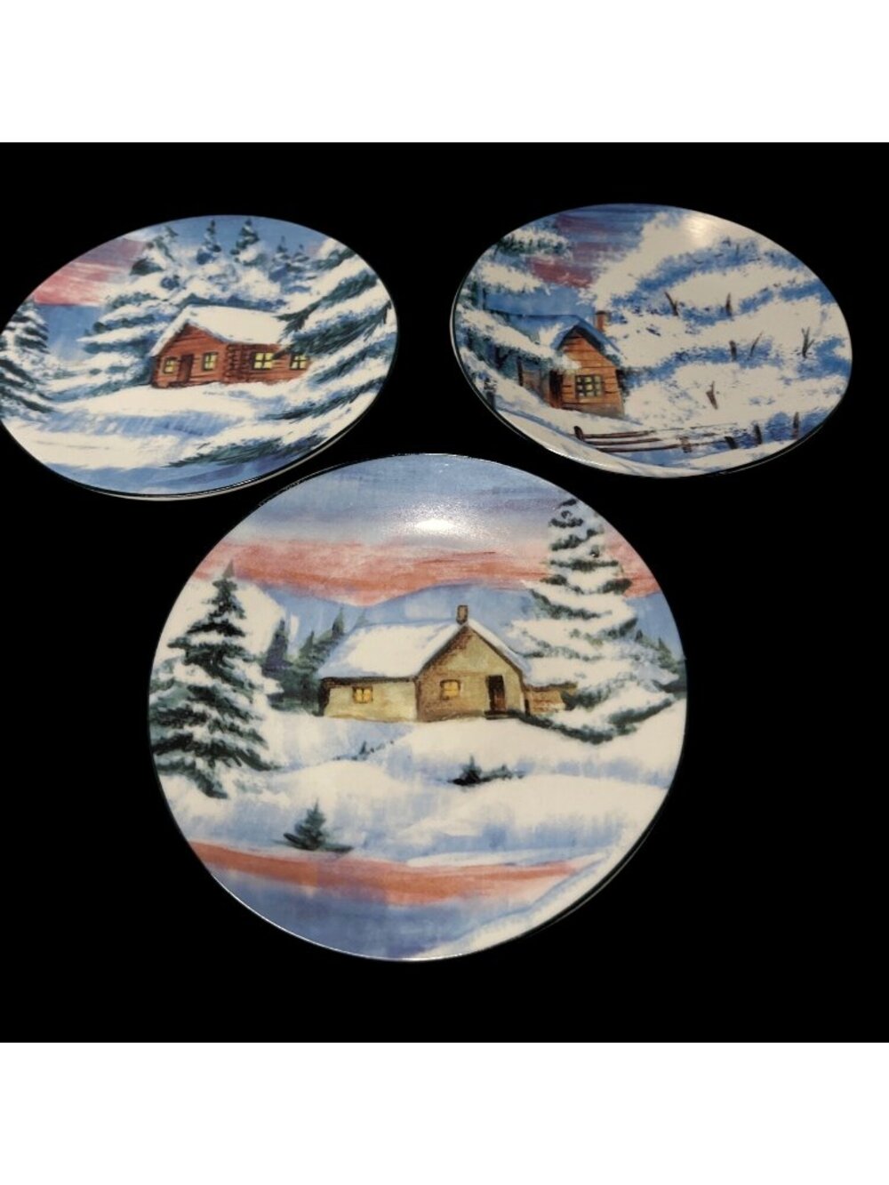 Set Of 2 Decorative Winter Scene Plates With Snowy Cabin Designs Made In China F